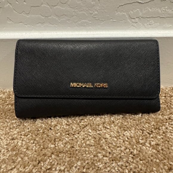 Michael Kors Trifold Wallet Black & Gold - Picture 1 of 3